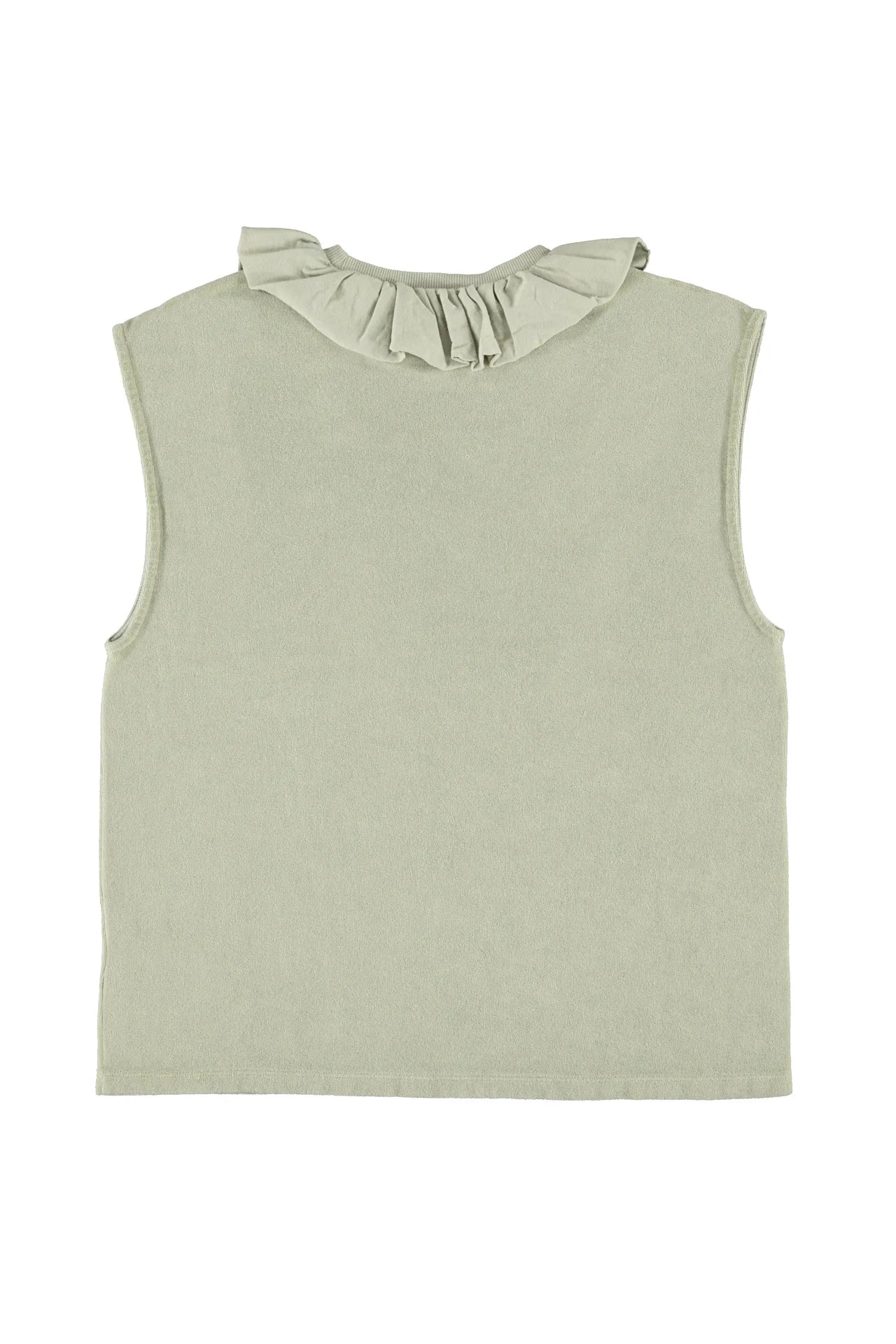 Sleeveless t-shirt w/ ruffled collar | Light green w/ "double trouble" print