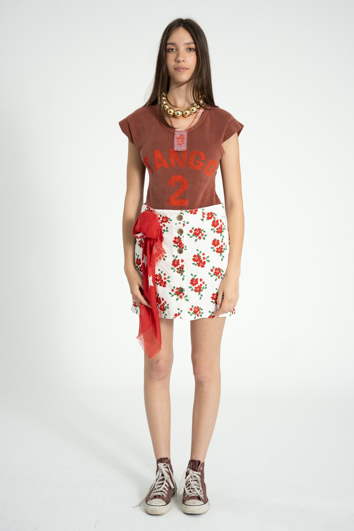 Short skirt - Ecru Red Flowers