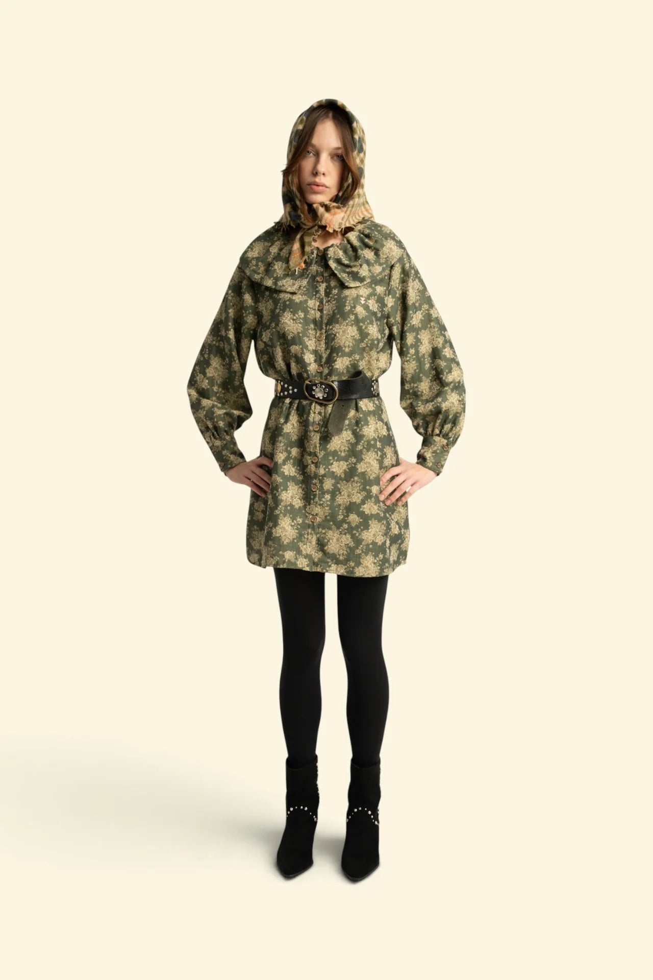 Short dress | Green w/ floral jacquard