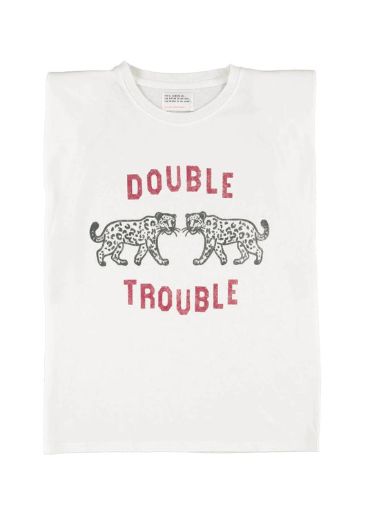 Sleeveless t-shirt w/ shoulder pads Ecru w/ « double trouble » Print