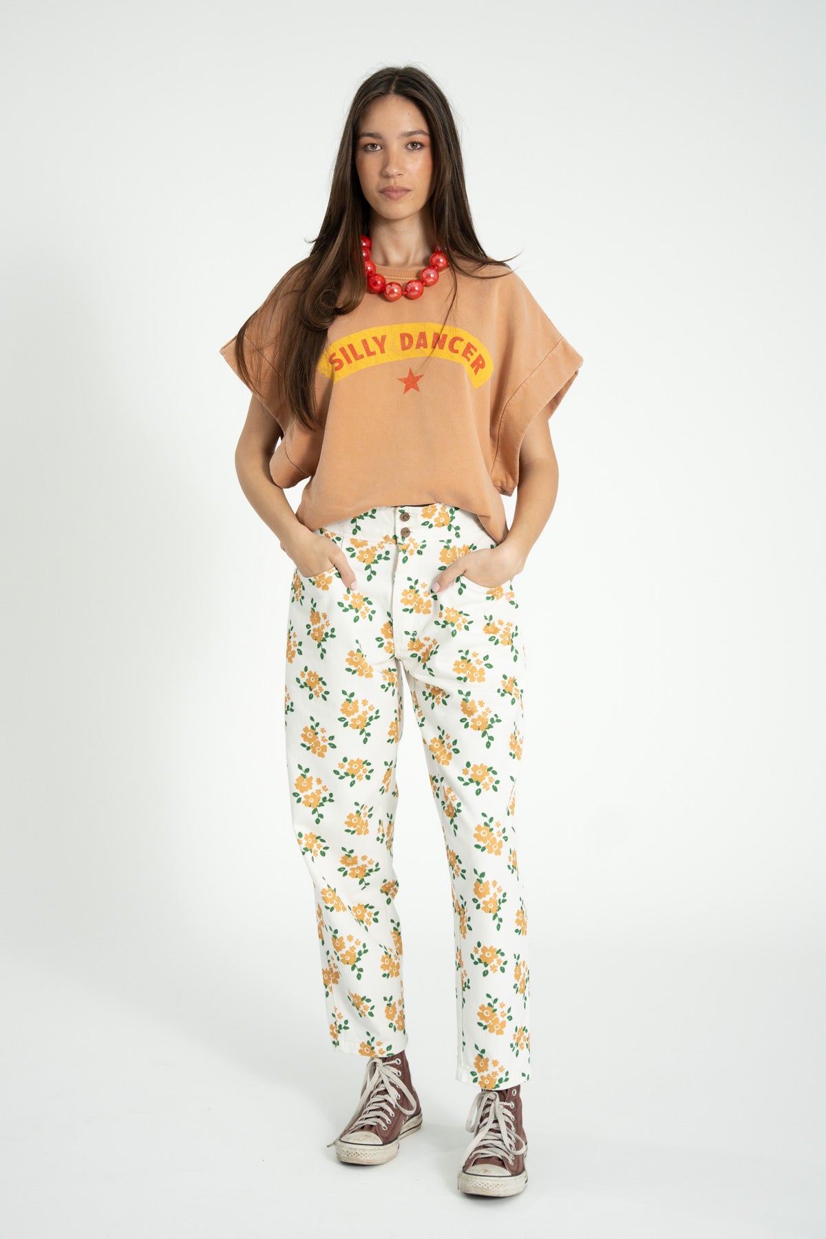 Trousers - Ecru Mustard Flowers