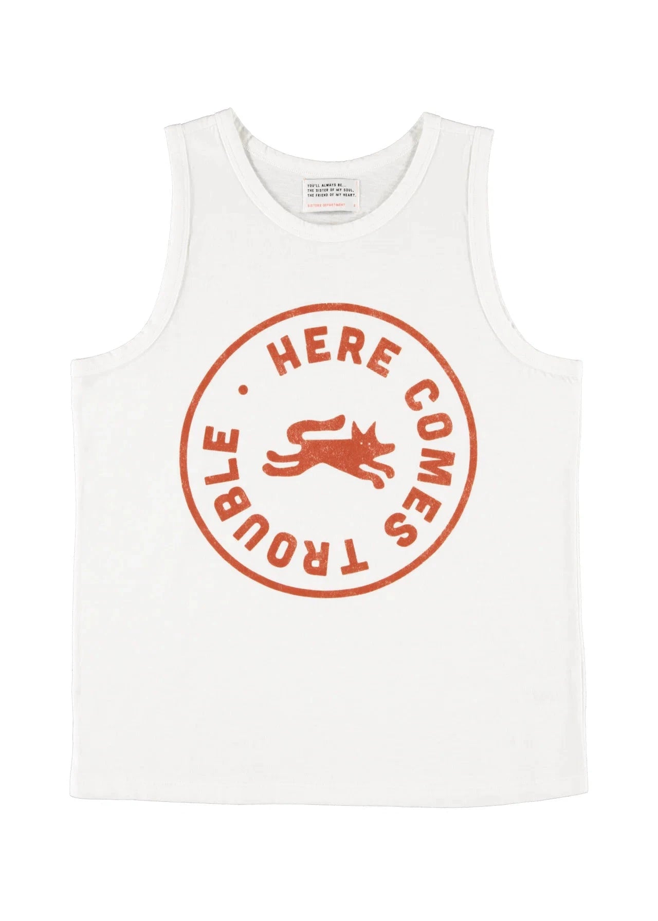 Sleeveless round neck top | Ecru w/ "here comes trouble" print