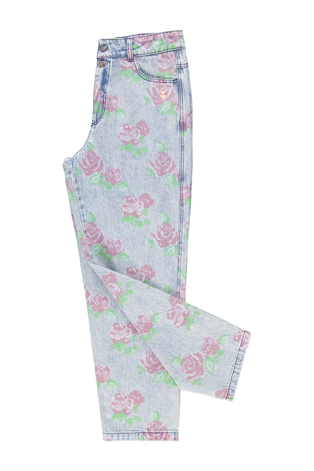 Trousers | Washed blue denim w/ flowers