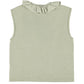 Sleeveless t-shirt w/ ruﬄed collar | Light green w/ "double trouble" print