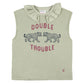 Sleeveless t-shirt w/ ruﬄed collar | Light green w/ "double trouble" print