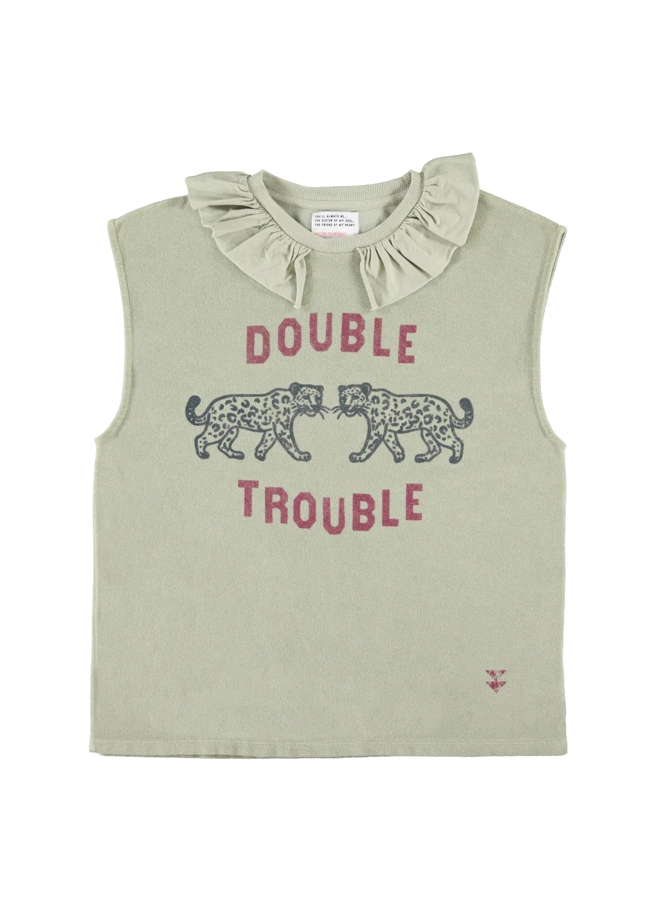 Sleeveless t-shirt w/ ruﬄed collar | Light green w/ "double trouble" print